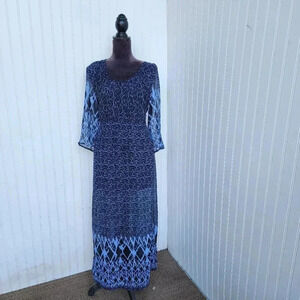 Angie Blue Maxi Dress Long 3/4 Sleeve Smocked Waist Juniors Sheer Sz L